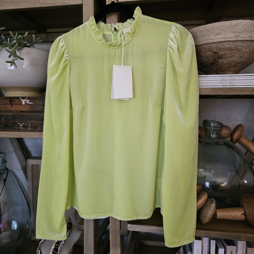 Ulla Johnson Marlena Pistachio Silk Blend Bohemian Velvet Blouse NWT